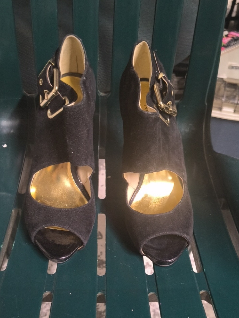 Nine West Black Suede Peep-Toe Heels with Gold Accents